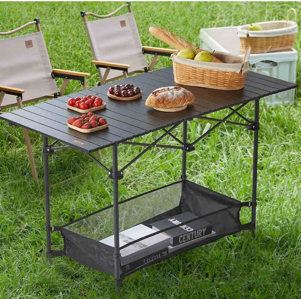 Eotvia Camping Table With Carry Bag, Folding Camping Table With Storage, Carbon Steel Roll Up Table With Adjustable Height, Portable Picnic Table For Outdoor Camping Travel Backyard BBQ Patio Beach