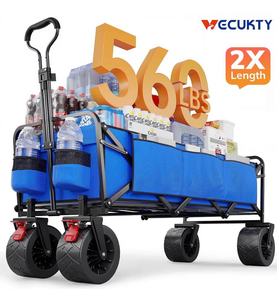 Vecukty 51.2" Large Collapsible Folding Wagon Cart, 560 lbs Load Capacity, Heavy-Duty Steel Frame & Oversized Wheels for Grocery Shopping, Camping, Sports, Moving – Blue