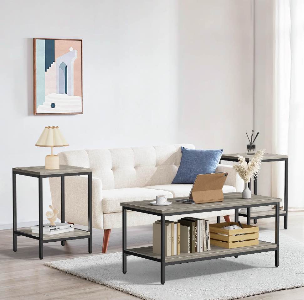 JOZ 3-Piece Coffee Table Set for Living Room, End Table Set with Storage, Includes 1 Coffee Table and 2 End Tables, Rock Gray