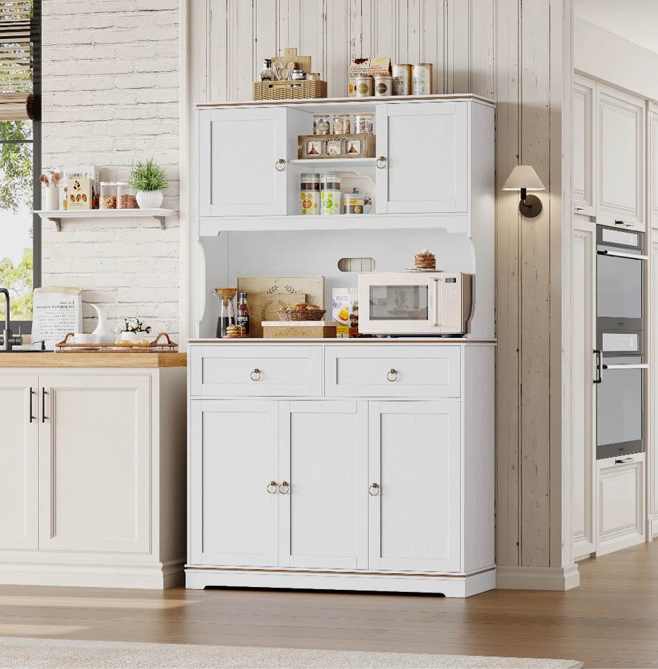 Homfa 70.8”H Pantry Cabinet with Hutch and Adjustable Shelf, 5 Door 2 Drawer Coffee Bar Storage Cabinet with Power & USB Outlet for Kitchen Dining Room, White