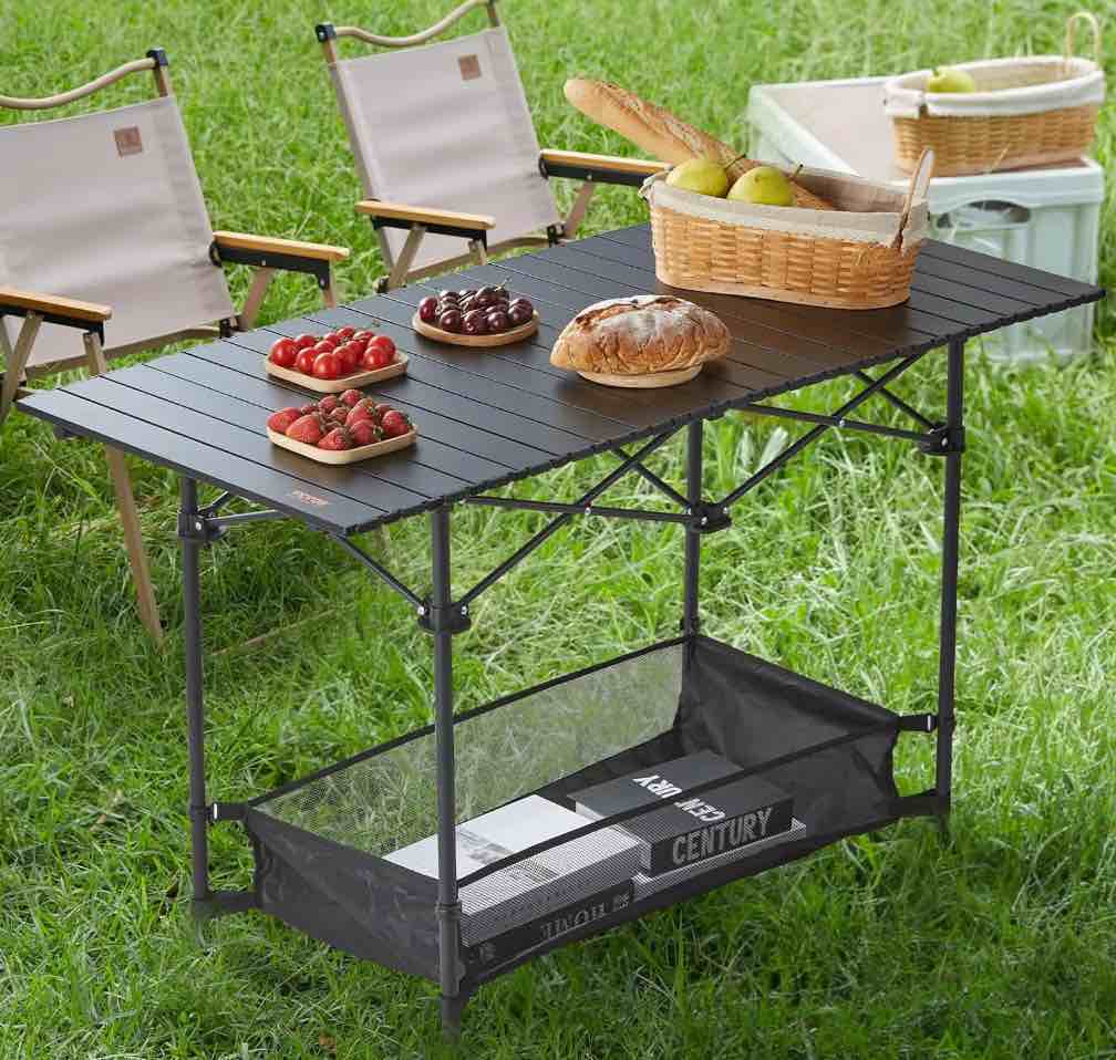 eotvia camping table with carry bag, folding camping table with storage, carbon steel roll up table with adjustable height, portable picnic table for outdoor camping travel backyard bbq patio beach