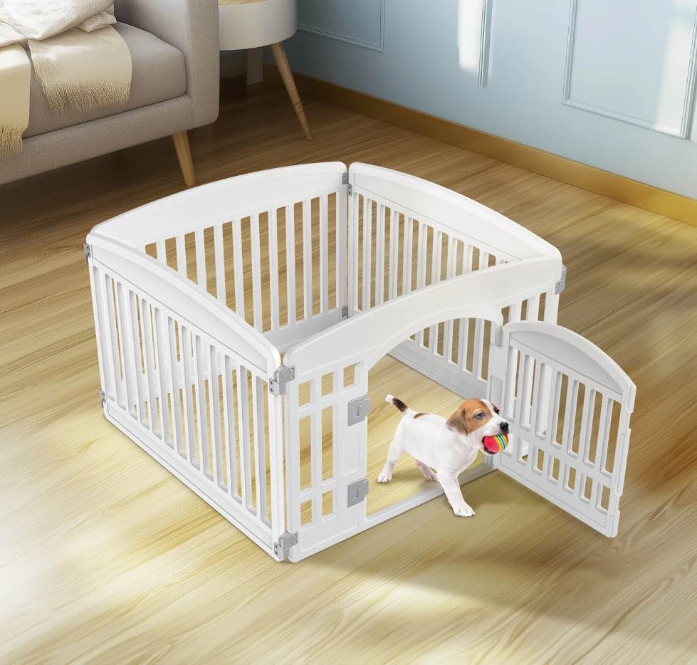 edx dog playpen, 4-panel 24" foldable pet pen with door, indoor/outdoor puppy pen, customizable, white