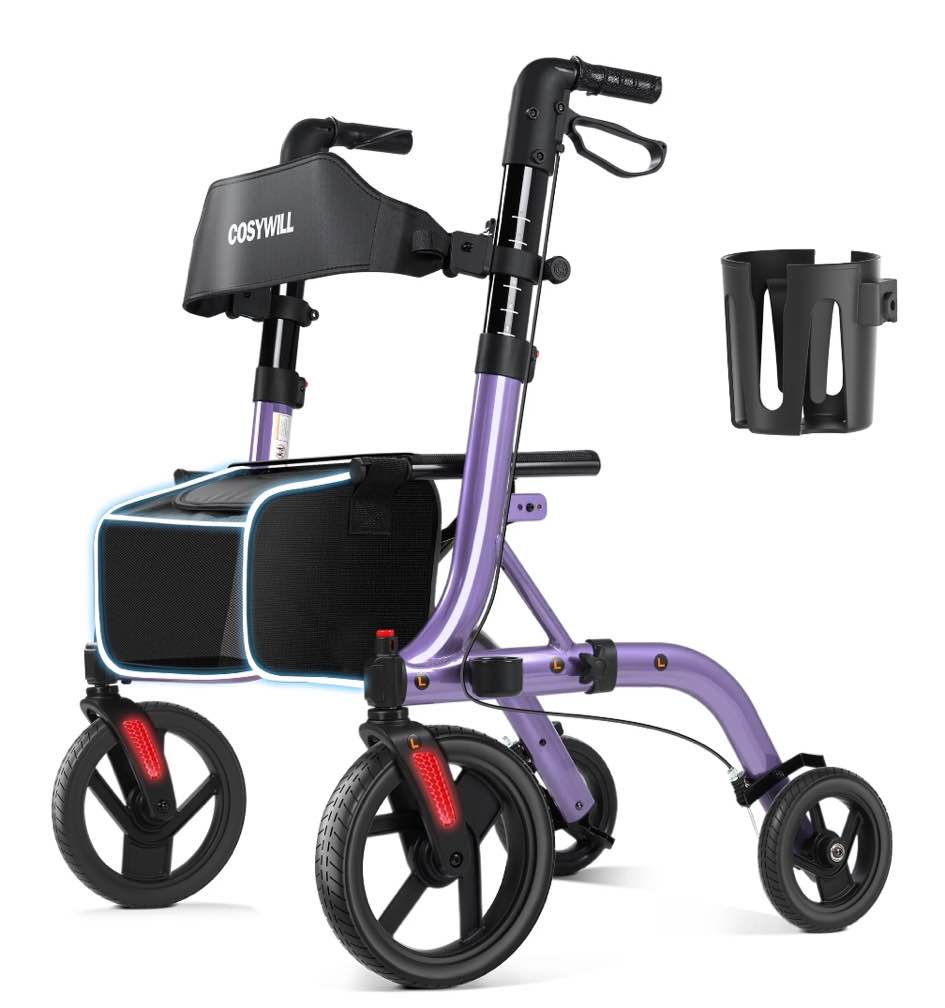 cosywill walker with seat,foldable rollator walker,10" wheels,height adjustable,removable back support, 300 lbs,purple