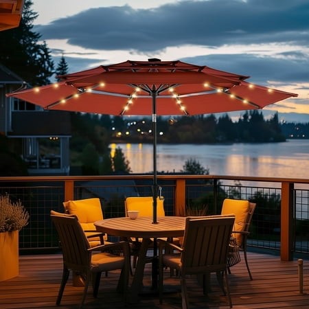 9ft 3-Tier Solar Patio Umbrella,Outdoor Market Sun Shade with 24 LED Lights for Backyard,Deck,Poolside,Tilt Adjustment,Easy Crank,8 Ribs