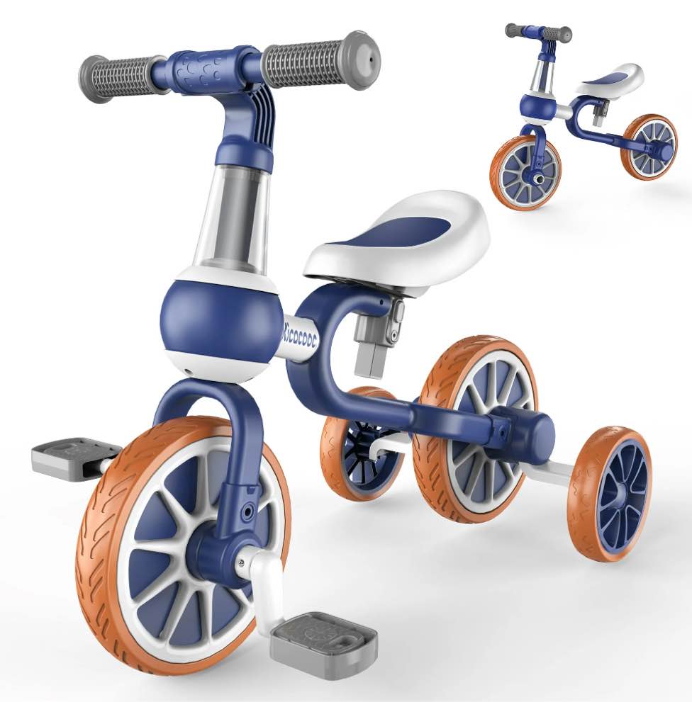 Kicacooc Kids Tricycle for 2-4 Yr Old Boys Girls 3 in 1 Toddler Balance Bike with Removable Pedal and Training Wheels, Kids Tricycle - Blue