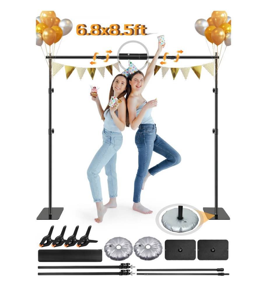 RELOIVE Heavy Duty Backdrop Stand 6.8x8.5 ft ,Adjustable Photo Backdrop Stand Kit with Steel Base with Water Weight Bags for Photography,Birthday Parties Video Studio - Black