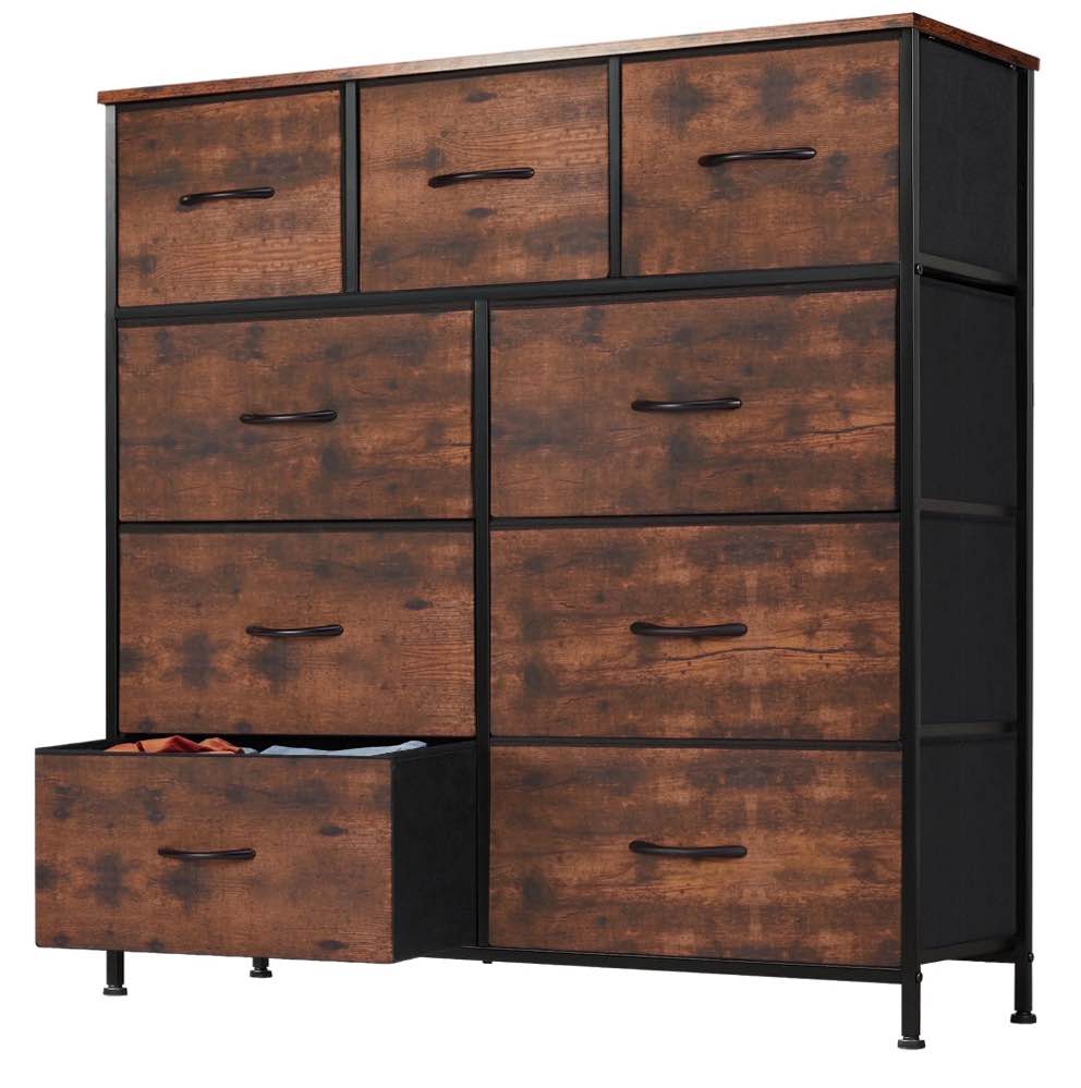 EDX 9 Drawer Dresser, Wide Chest of Drawers Nightstand Storage Tower Storage Fabric Dresser with Wood Top for Living Room, Bedroom, Hallway,Rustic Brown