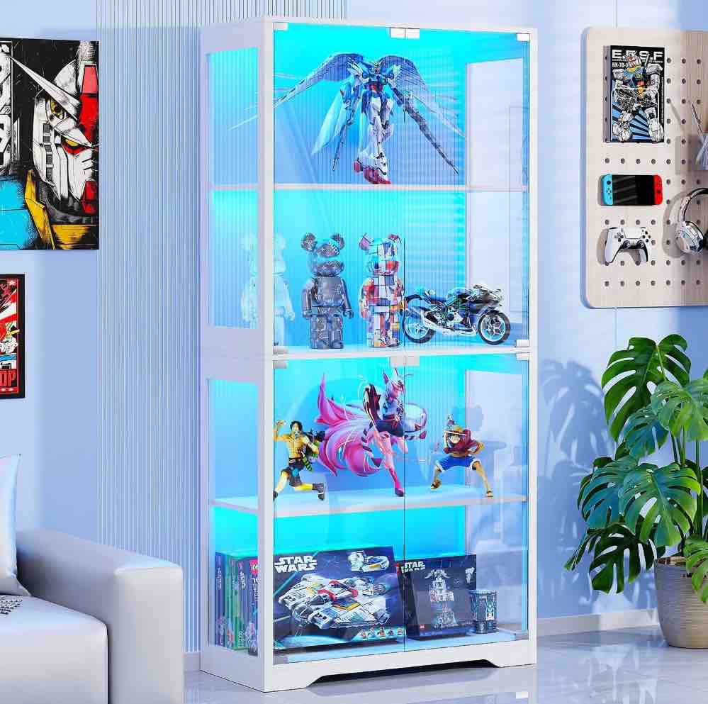 MIIFUNY Display Cabinet with Glass Doors 4 Tier Curio Cabinet & Bookshelf with LED, White
