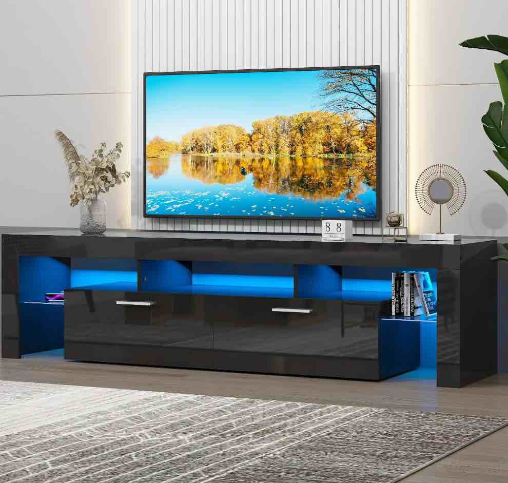 UHOMEPRO TV Stand for TV up to 80", Living Room Entertainment Center with RGB LED Lights, APP and Remote Control, Black High Gloss TV Cabinet Console Table