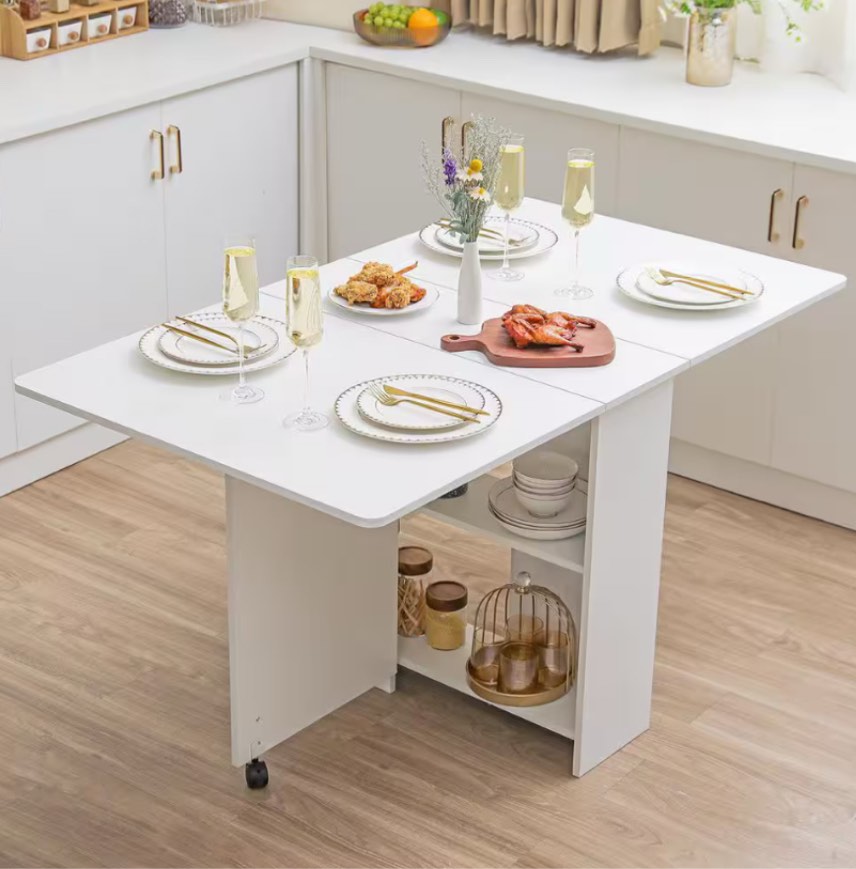 Folding Dining Table with 2 Storage Racks,Drop Leaf Tables with 6 Wheels,Multifunction Expandable Table for Kitchen,Bedroom,Living Room,White