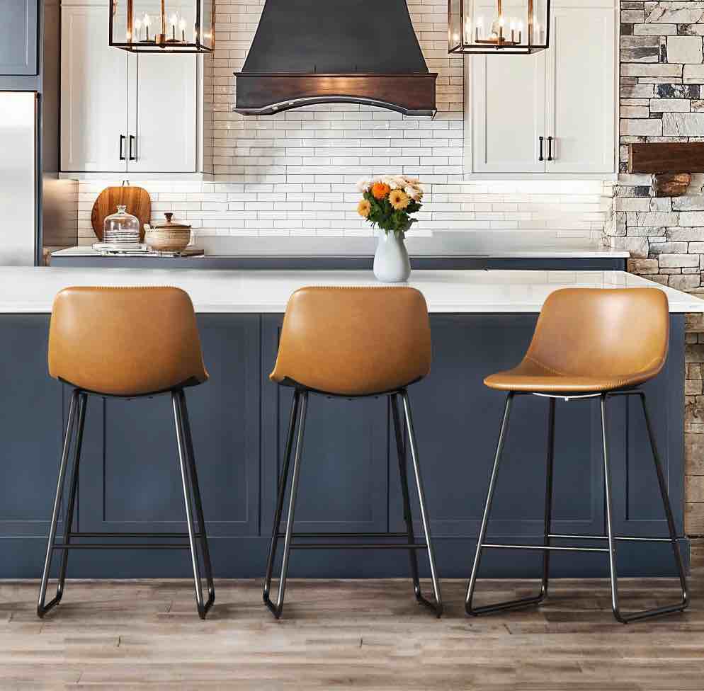 Dycanpo 24" Bar Stools Set of 3 with Back, Faux Leather for Home Kitchen Island, Whisky Brown