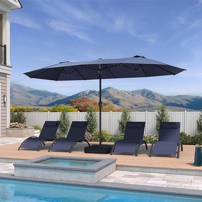  14ft Patio Market Umbrella Double-Sided Rectangle Outdoor Table Sun Umbrellas with Crank Duty Sturdy Ribs for Pool Beach Deck Backyard Navy Blue