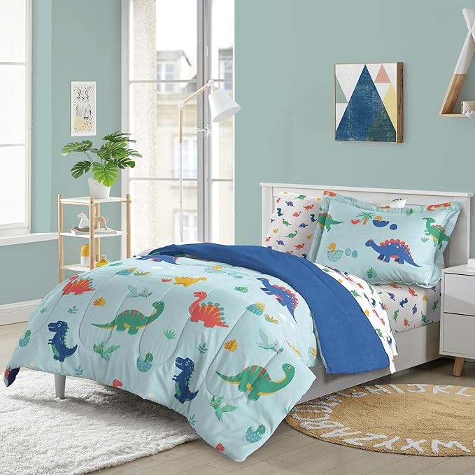 Dream Factory Kids 5-Piece Complete Bed Set Easy-Wash Super Soft Microfiber Comforter Bedding, Twin, Blue Sweet Dino