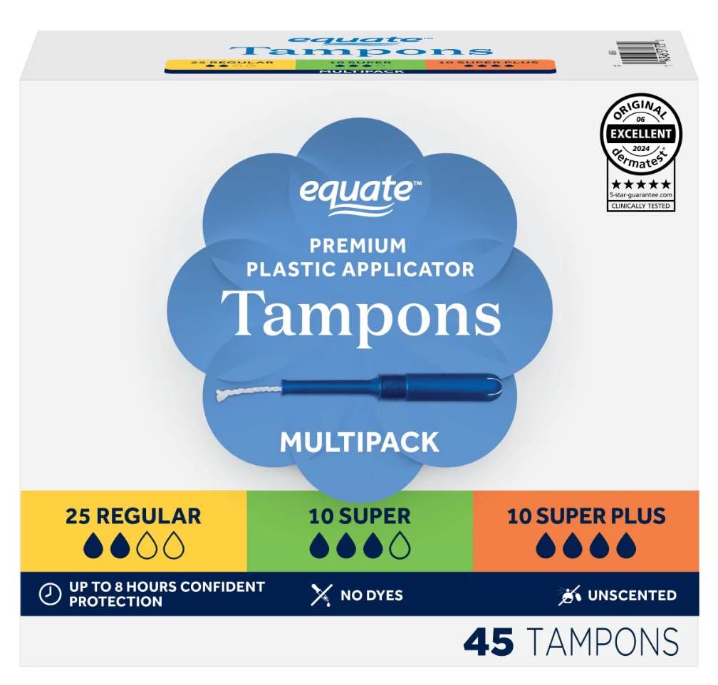 Equate Tampons with Premium Plastic Applicators, Unscented, Regular/Super/Super Plus, 45 Count