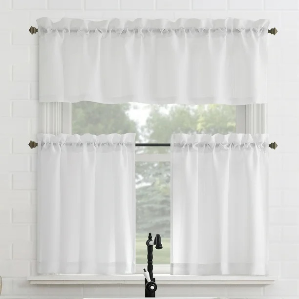 Mainstays 3-Piece Semi-Sheer Indoor Rod Pocket Kitchen Curtain Valance and Tiers Set, 56”x36", White.
