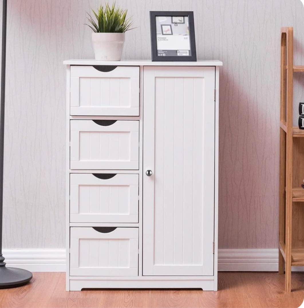 Ktaxon Wooden Bathroom Floor Cabinet, Side Storage Organizer with 4 Drawers, 1 Cupboard & 2-Shelves, White