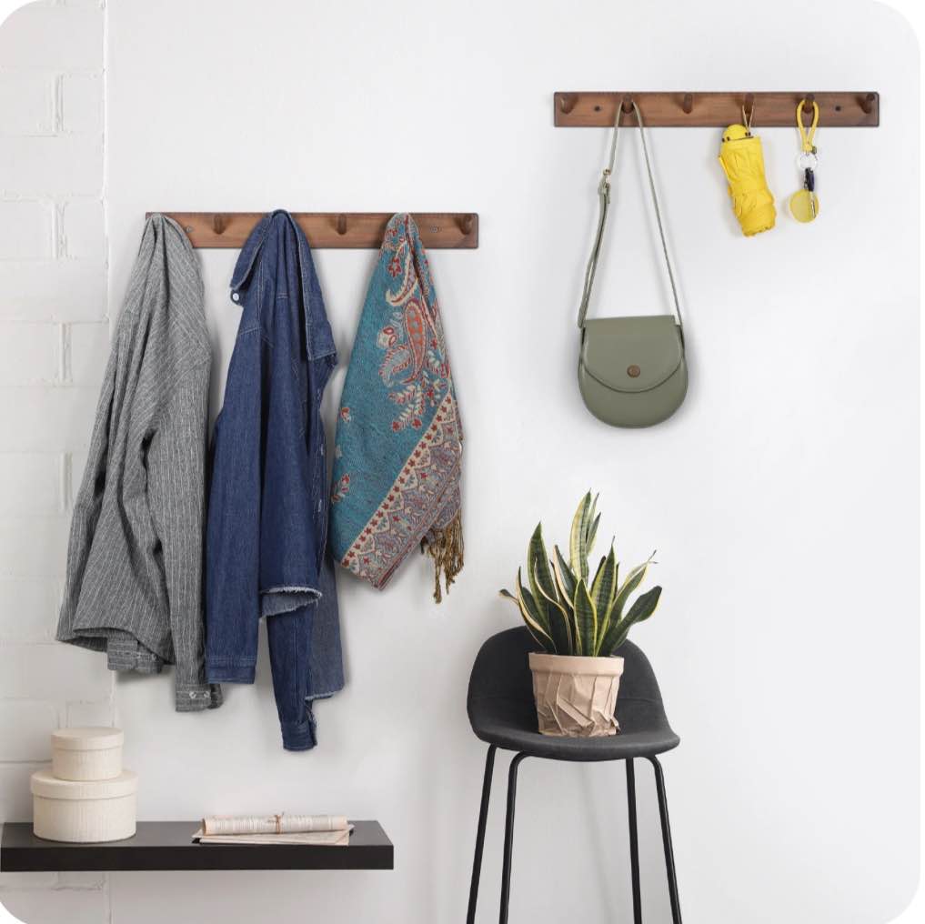 Wall Mounted Wood Coat and Hat Rack, 6 Hooks, Dark Brown