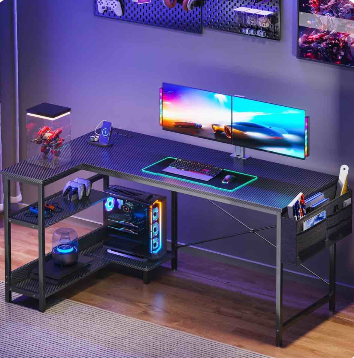 55 inch Large Office Desk with Storage Shelve, Gaming Table with Power Outlets for Large Spaces, Black Carbon