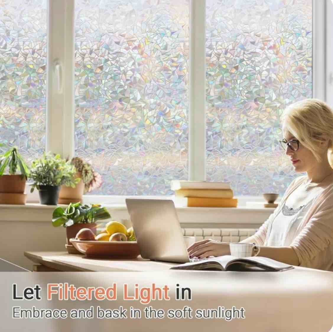 rabbitgoo Window Privacy Film, Rainbow Window Clings, 3D Decorative Window Vinyl, Stained Glass Window Decals, Static Cling Window Sticker Non-Adhesive for Home, 35 x 77 inches