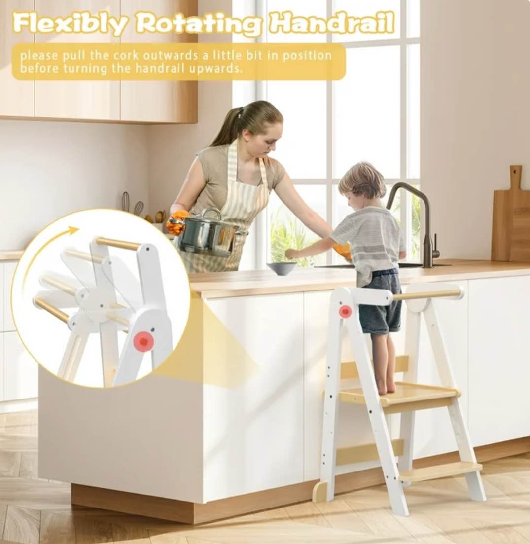 JOZ Kitchen Toddlers Step Stool, Montessori Kids Learning Stool, Foldable Toddler Tower for Counter, Standing Helper for Children, 3 Adjustable Heights, Wooden, White