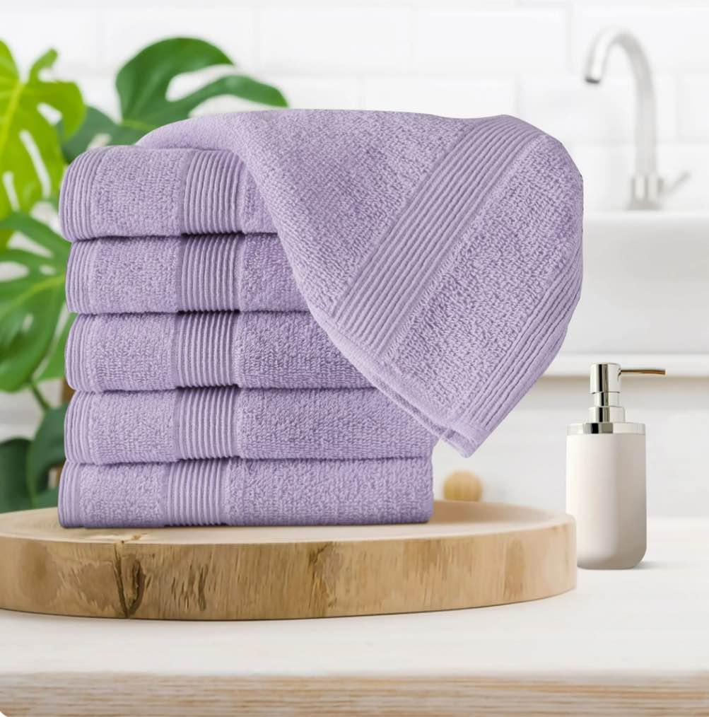MALLONI HOME Ultra Soft 6-Piece Hand Towel Set 16x28 - 100% Ringspun Cotton - Durable & Highly Absorbent Hand Towels - Ideal for use in Bathroom, Kitchen, Gym, Spa & General Cleaning - Purple