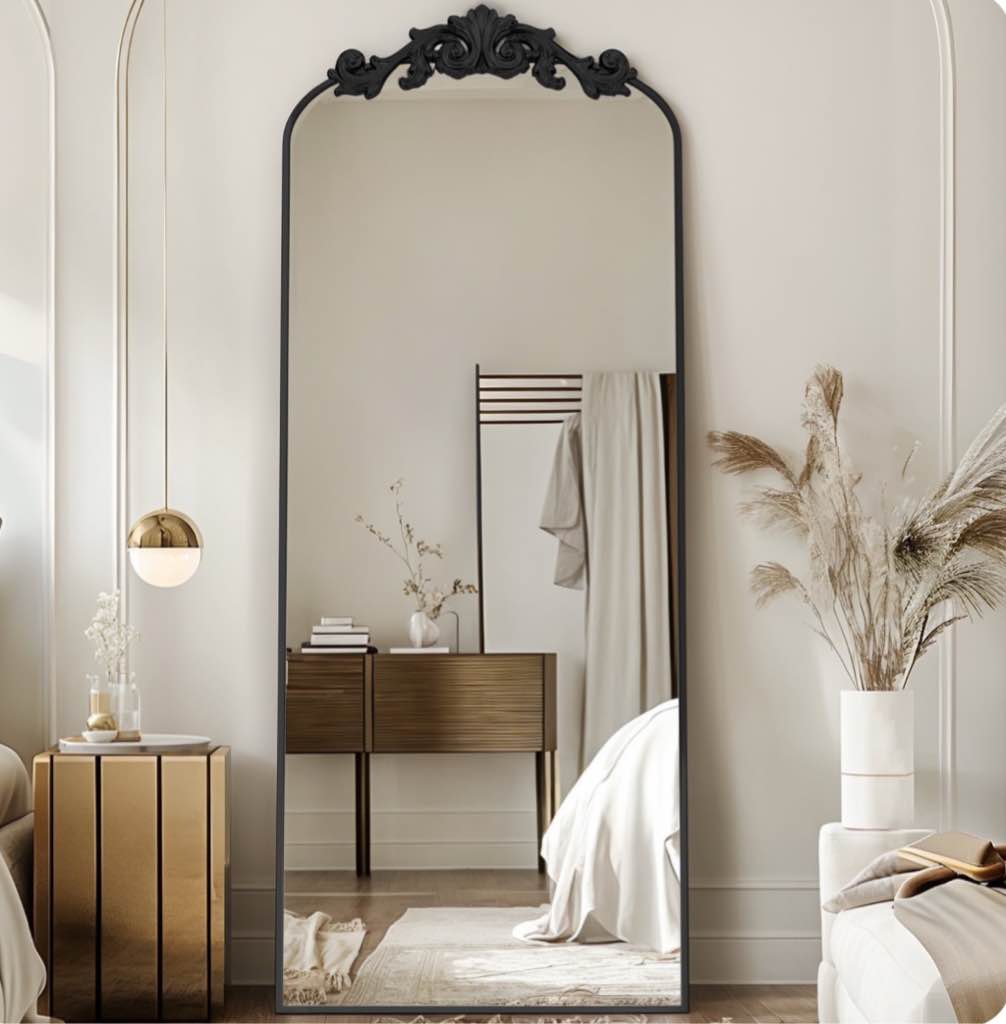 antok 58"x18" vintage arched full-length mirror with carved metal frame, baroque-style floor mirror for living room, bedroom, entryway or hallway decor, black