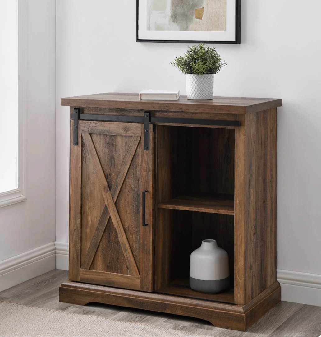Walker Edison Abbey Modern Farmhouse Sliding X Barn Door Accent Console, 32 Inch, Rustic Oak