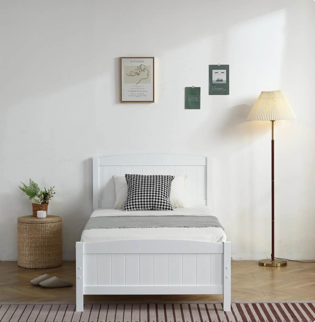zimtown twin bed frame,solid pine wood kids twin platform bed frame, bedroom twin bed with headboard for adults, white
