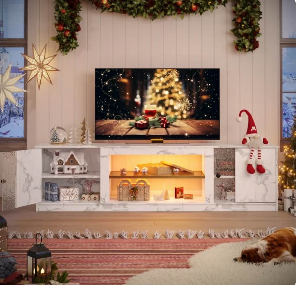 pinmoco 70" led tv stand for tvs up to 80", gaming entertainment center with storage cabinet and adjustable shelves, white marble