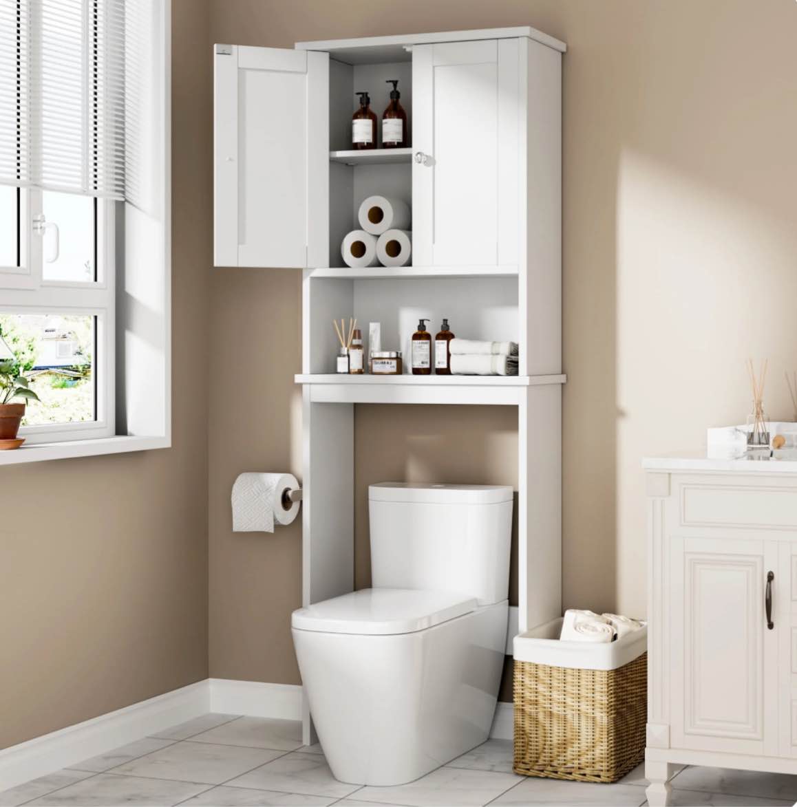 walsunny over the toilet storage cabinet bathroom shelves organizer space saver freestanding restroom shelf with doors anti-tip device adjustable shelf white