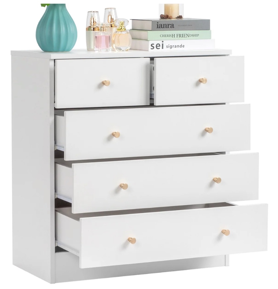 ubesgoo 5 drawer wood dresser for bedroom, chest of drawers, storage organization unit for clothing, white