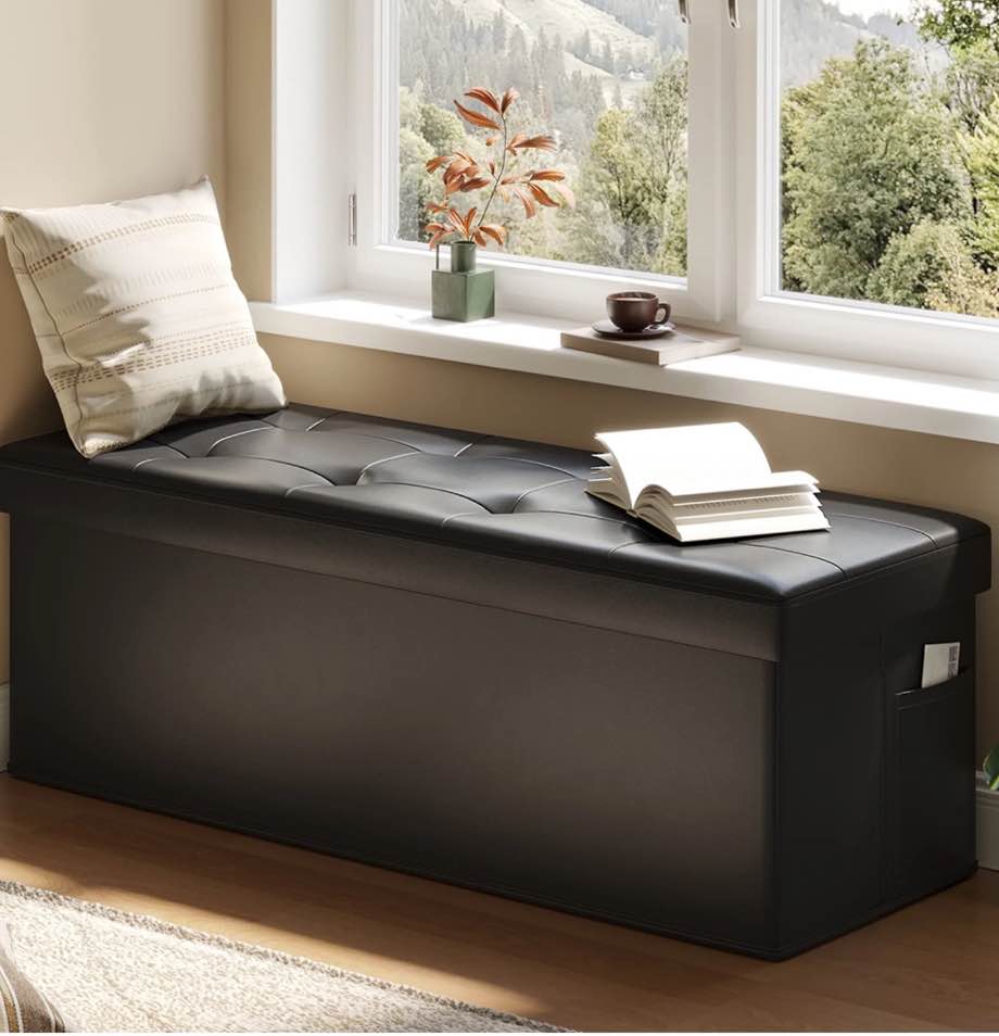 Pinmoco 43" Storage Ottoman Bench Folding Leather Storage Bench with White Blanket and Side Pocket for Entryway Living Room, Black