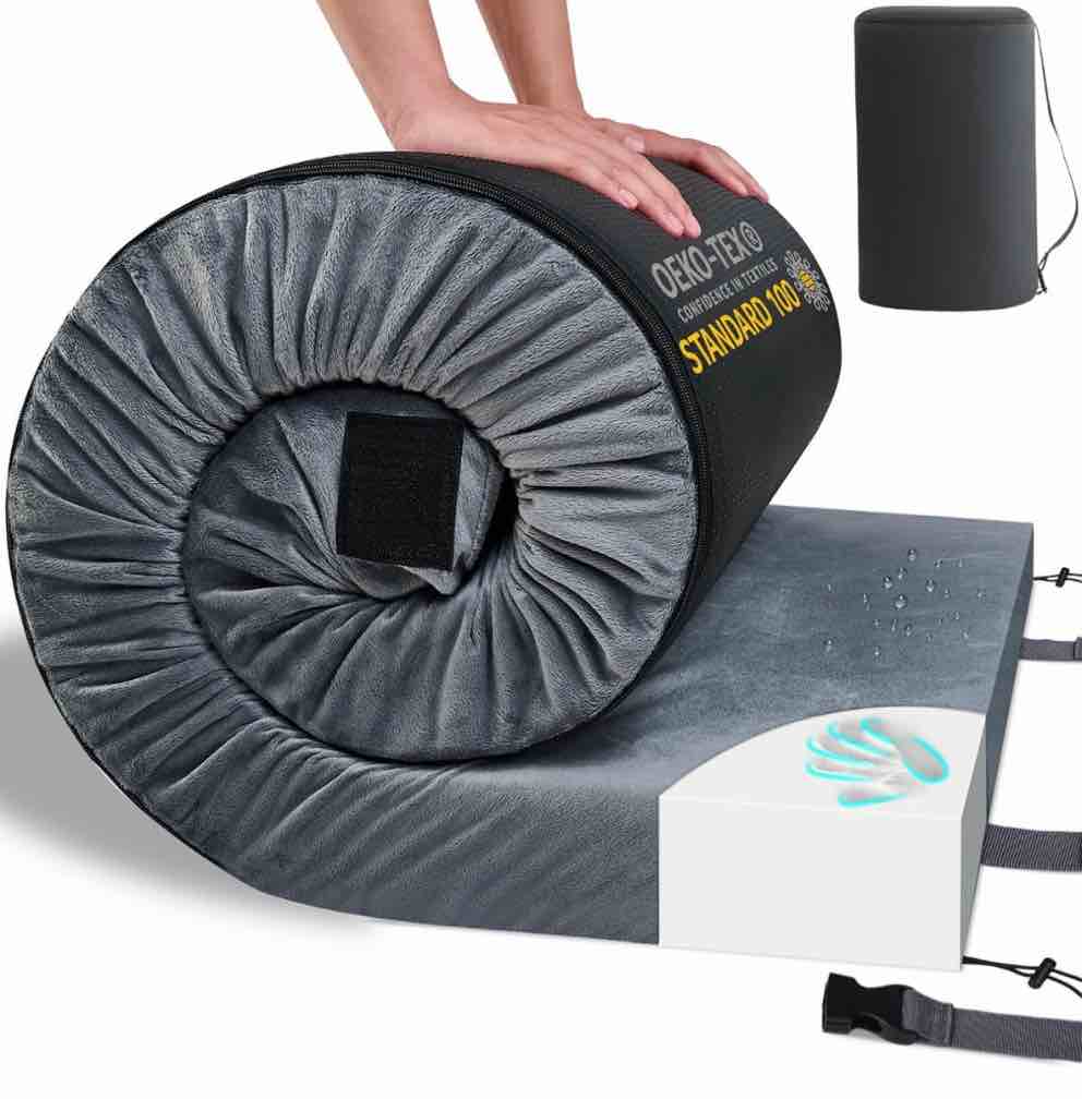 L'AGRATY 3" Memory Foam Camping Mattress Pad, Portable Sleeping Pad for Adult, Waterproof Roll Up Mattress for Travel Truck Bed Tent, Car Bed with Travel Bag, Small Single, Grey