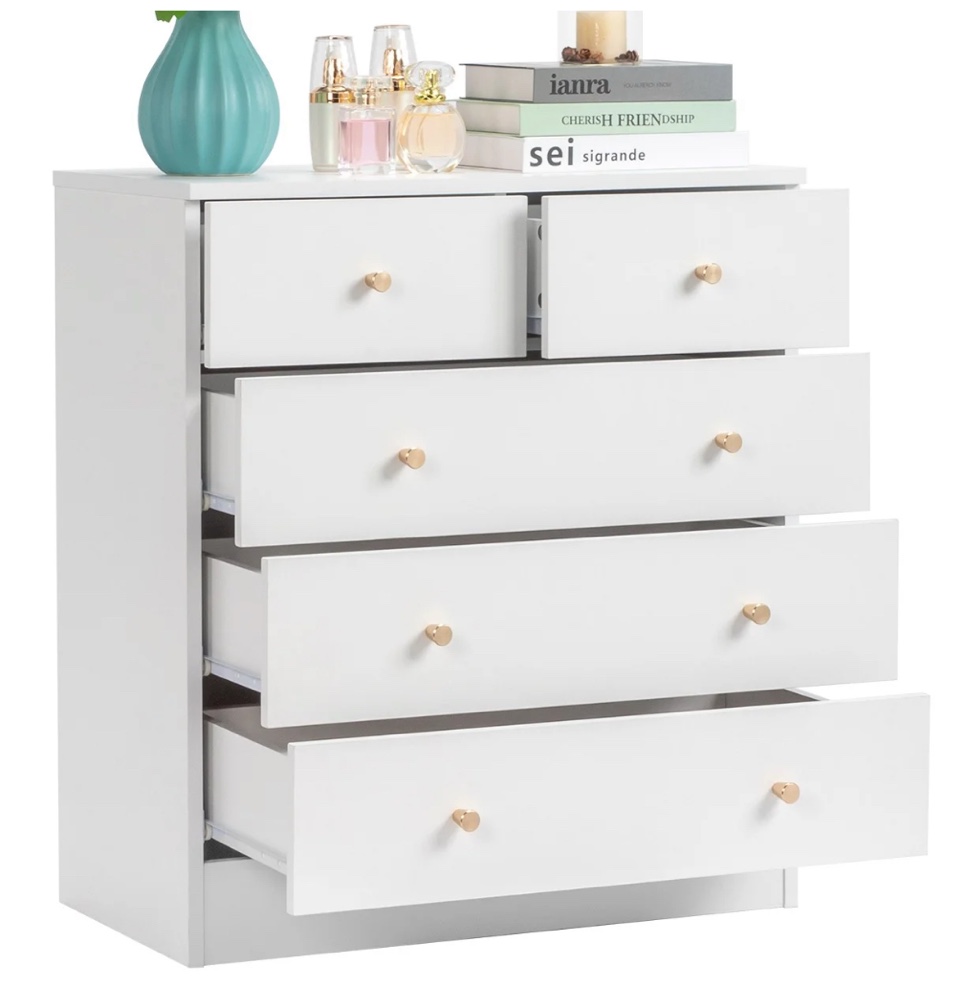 ubesgoo 5 drawer wood dresser for bedroom, chest of drawers, storage organization unit for clothing, white