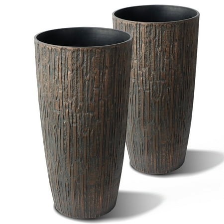 snugniture 20-inch tall round planters, set of 2, brown tree bark-inspired decorative large flower pots for indoor & outdoor use