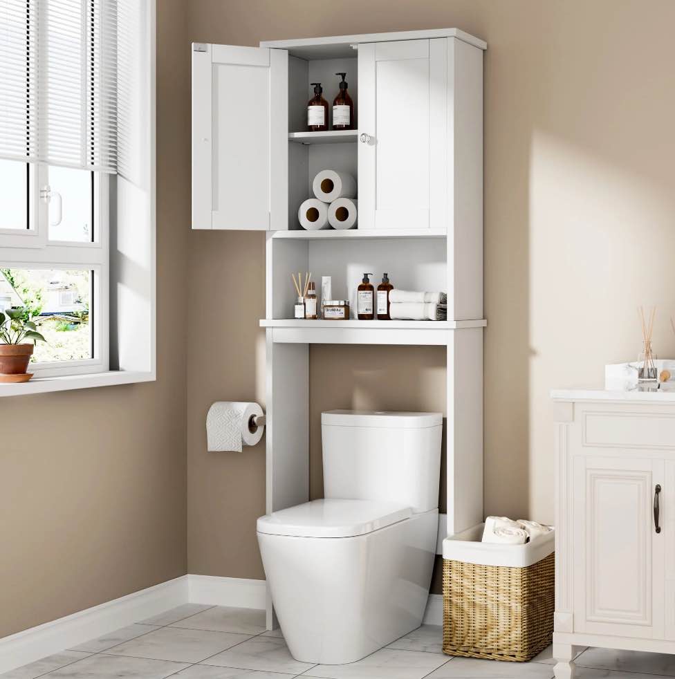 Walsunny Over The Toilet Storage Cabinet Bathroom Shelves Organizer Space Saver Freestanding Restroom Shelf with Doors Anti-Tip Device Adjustable Shelf White