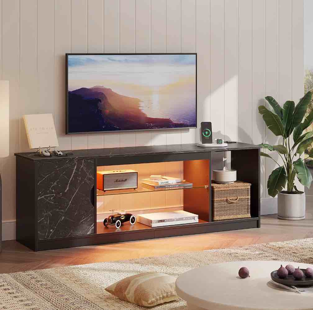 Bestier LED TV Stand for TVs up to 65", Entertainment Center with Power Outlet & Storage Cabinet, Black Marble