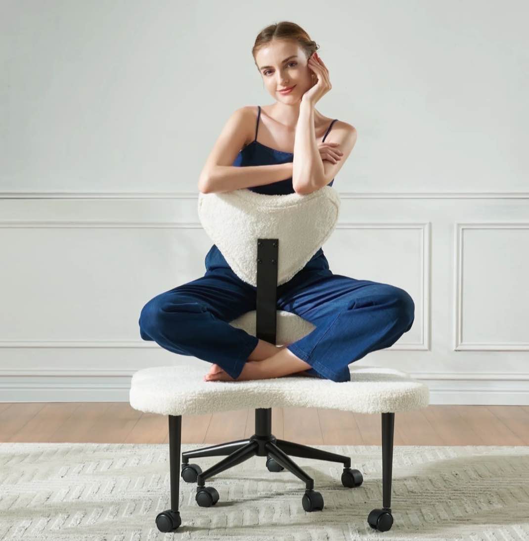 pinmoco ergonomic cross legged swivel chair, adjustable height and teddy fabric, meditation& adhd chair with back support, home and office, off white