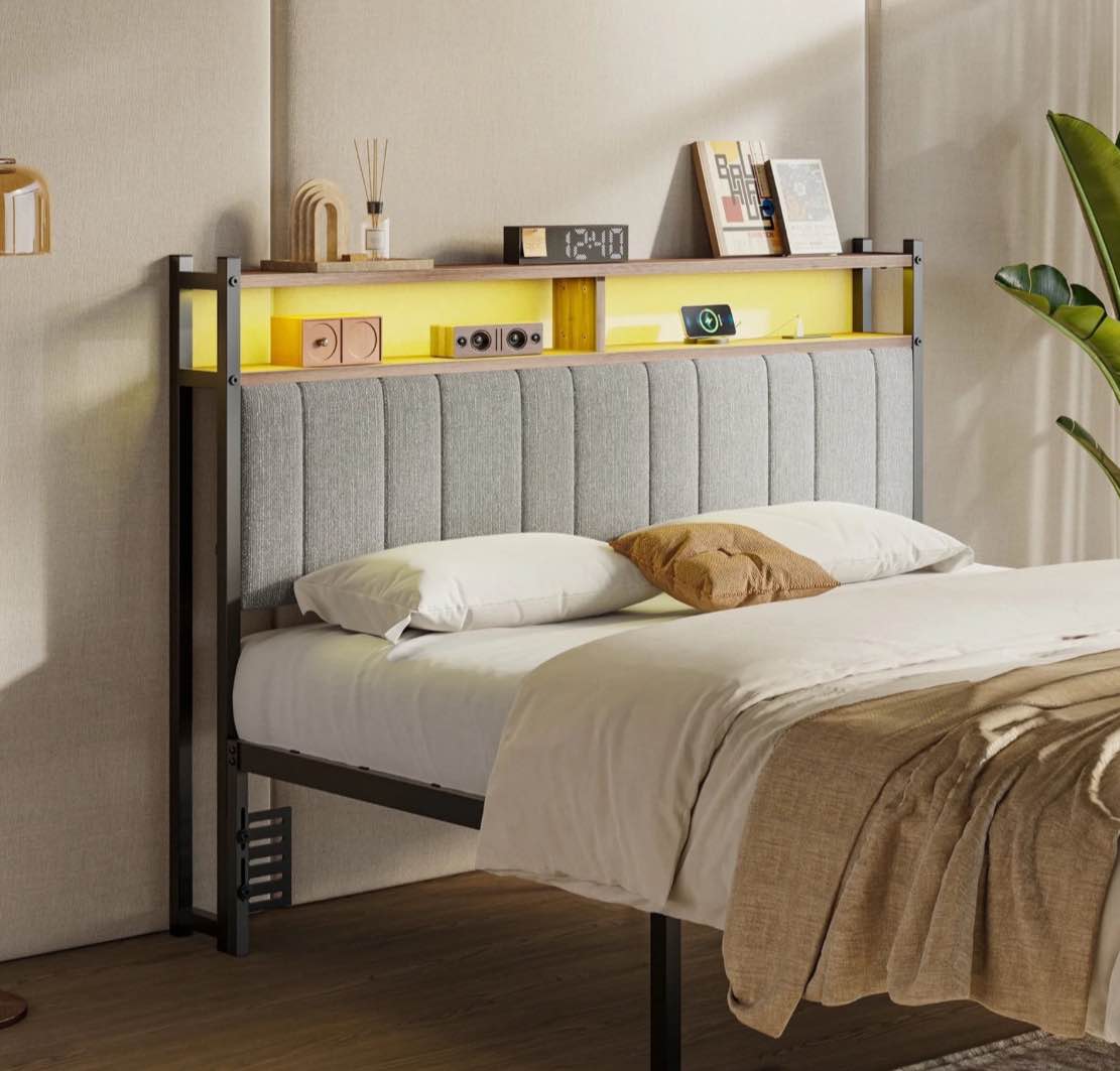 Pinmoco Headboard for Queen Size Bed with Storage, Linen Upholstered Head Board with LED Light and Charging Station, Gray, Headboard Only