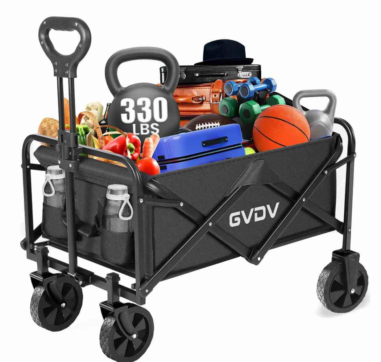 GVDV Collapsible Wagon Cart, Portable Utility Wagon for Camping, Beach, Picnic, Shopping, Sports, and Grocery Transport, Black
