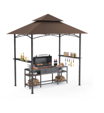 GVDV 8'x 5' Grill Gazebo Canopy, Outdoor BBQ Gazebo Shelter with 2 Side Shelves & Double-Tiered Top
