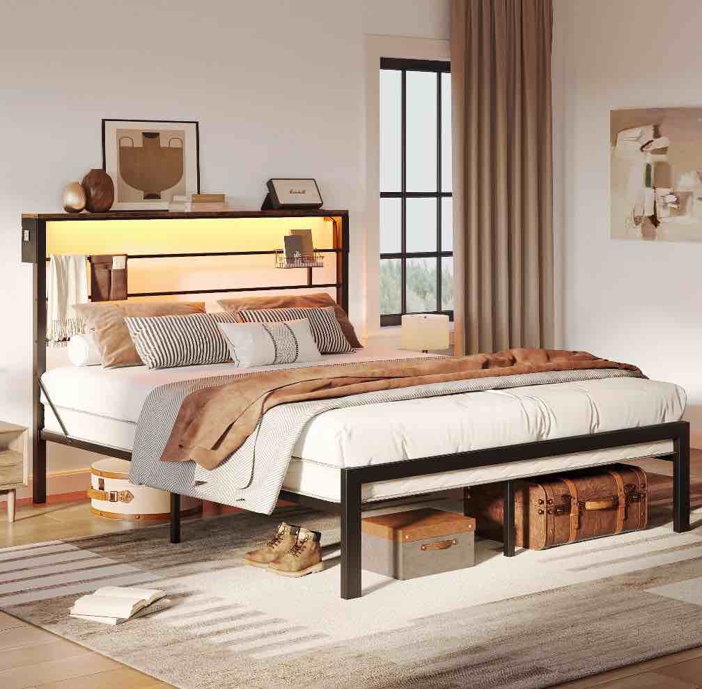 bestier full size bed frame with 49.2" high led storage headboard shelf, metal platform bed, black