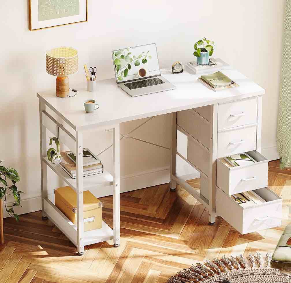 casacomoda computer desk with drawers & storage shelves, 40 inch corner desk for home office bedroom, small teen pc desks with fabric drawer, white