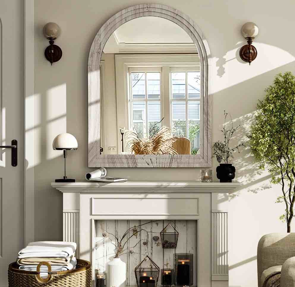 beautypeak 36"x 24" arched bathroom mirror wall mirror wooden frame,white