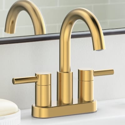allen + roth Harlow Brushed Gold 4-in centerset 2-handle WaterSense Low-arc Residential Handle Bathroom Sink Faucet with Drain with Deck Plate 