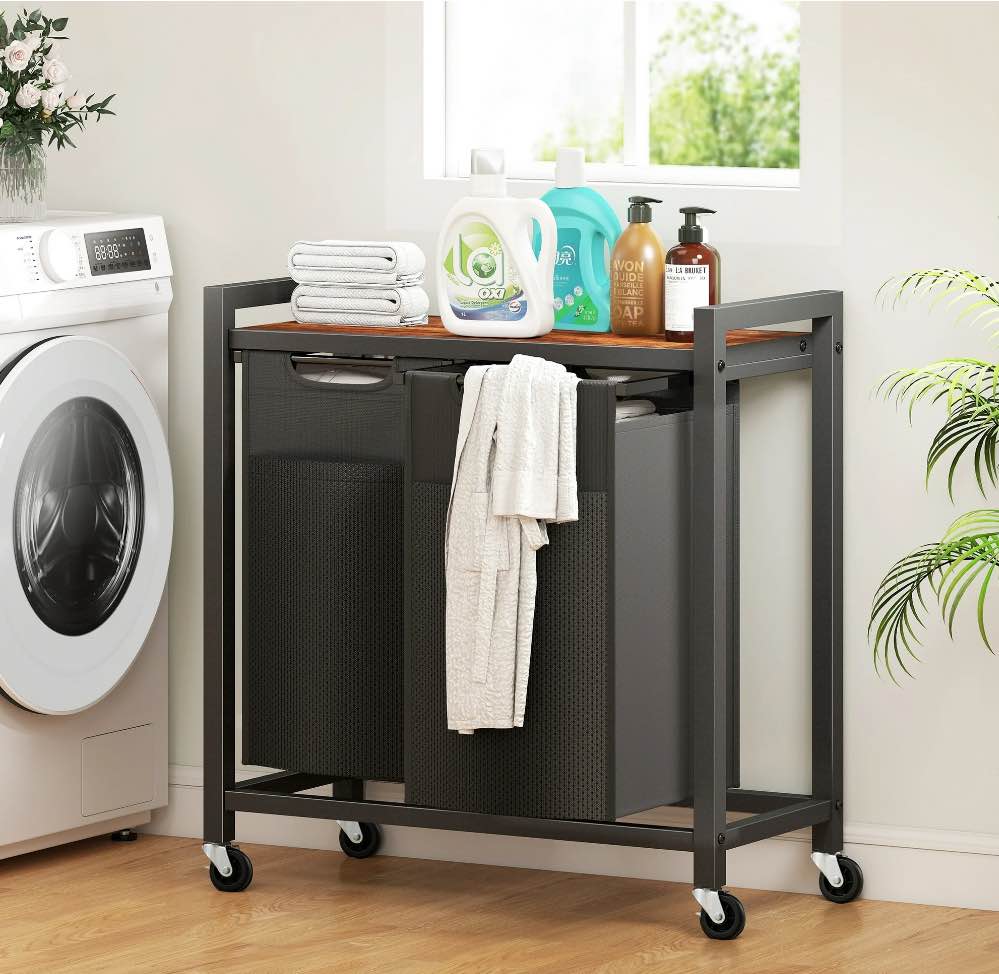 edx laundry hamper with 2 pull-out removable laundry bags clothes sorter with shelf and wheels(adjustable feet)  2 x 11.2 gallons (42.5 liters) for laundry rooms  bathrooms and dorms