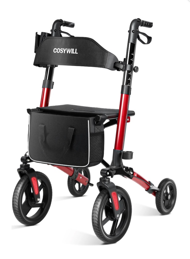 cosywill walkers for seniors,foldable rollator walker with seat,mobility walkers with 10" big wheels, adjustable handles and backrest height,light red