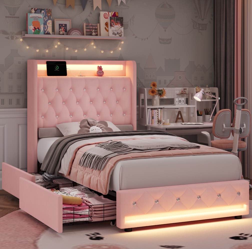 homfa twin bed frame with led light & charge station, 4 storage drawers modern upholstered wingback platform bed frame, pink velvet