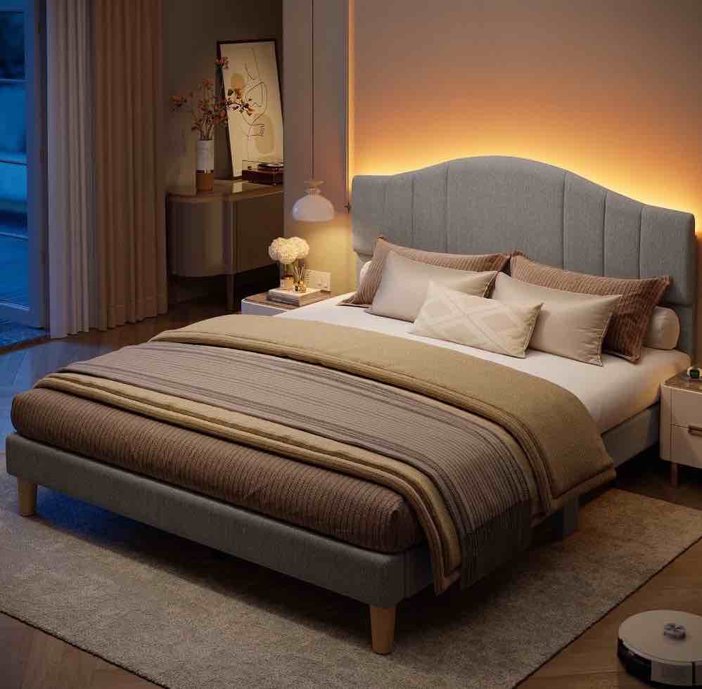 Pinmoco Full Upholstered Bed Frame with Adjustable Arc-shaped Headboard, LED Platform Bed, Fabric Gray