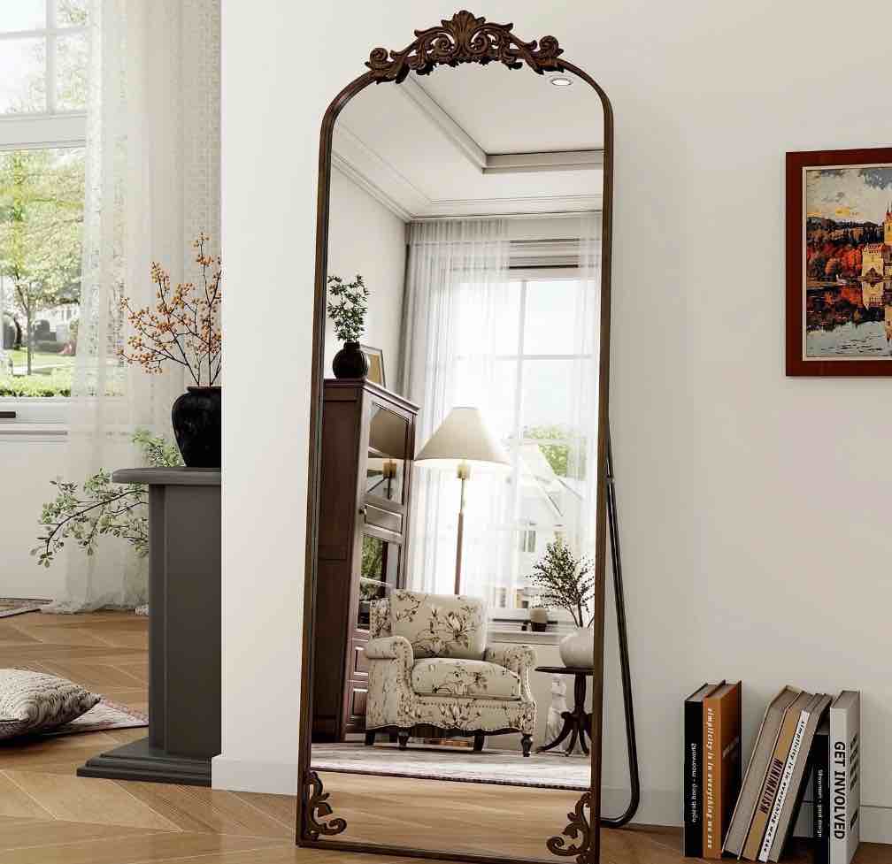 BEAUTYPEAK 66"x21" Arched Full Length Mirror Metal Vintage Mirror Baroque Style,Antique Bronze